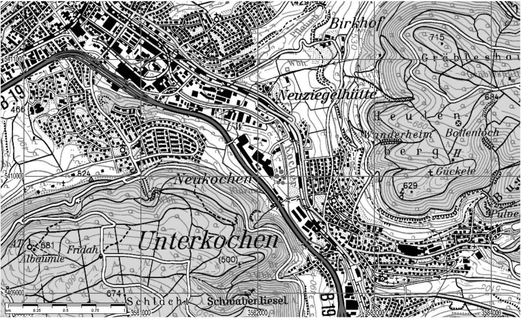 4 Örtliche Situation 4.1 Standort und Umgebung Das Plangebiet befindet sich in Aalen im Stadtteil Neukochen und umfasst im Wesentlichen Flächen westlich des renaturierten Kocherlaufs.