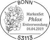 2. ERSTVERWENDUNGSSTEMPEL Markenset Phlox mit 10 selbstklebenden Postwertzeichen Phlox aus der Dauerserie Blumen Zur Ergänzung von Postkarten national gibt die Deutsche Post AG das neue