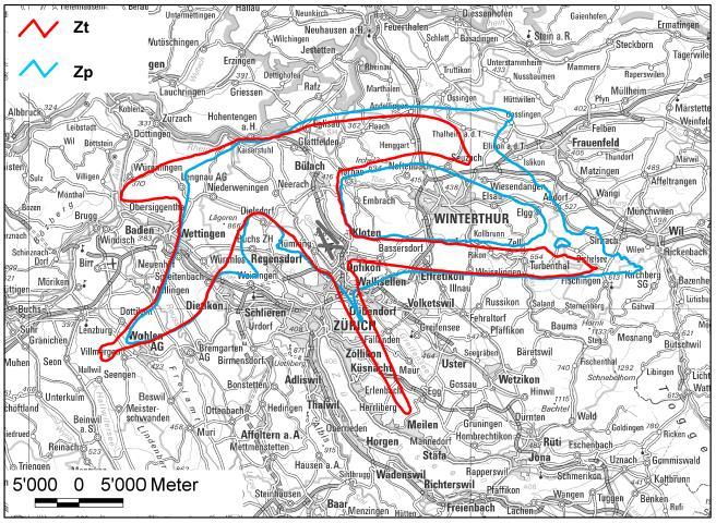 9/28 Bereich der Rechtskurve zu einer Vergrösserung des UP über der Stadt Zürich (Verschiebung der blauen Zp-Kurve nach Süden), wie auch zu einer Linksschleife bei Embrach (Ausbuchtung der blauen