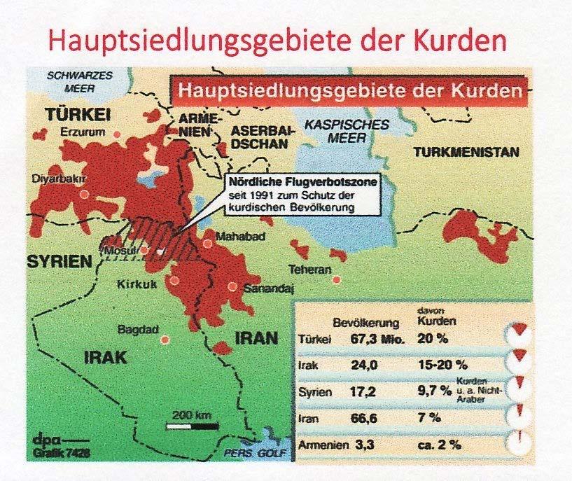 Kurdenanteil: Türkei 13,5 Mio., Irak: 4,8 Mio., Syrien: 1,7 Mio., Iran: 4,7 Mio., Armenien: 0.06 Mio., Gesamt: knapp 25 Mio. Kurden.