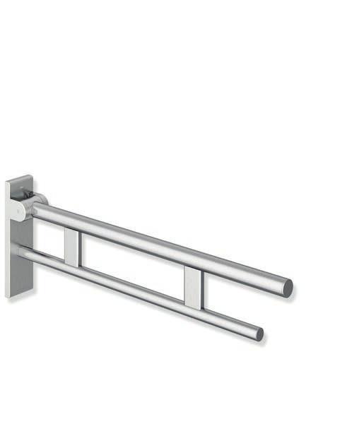 Stützklappgriff vor unbeabsichtigtem Absenken/Auslösen Ausladung 600 mm, 256 mm hoch und 75 mm breit, Holm ø 33,7 mm belastbar bis 100 kg Wandplatte aus Polyamid mit integriertem Stahlkern und