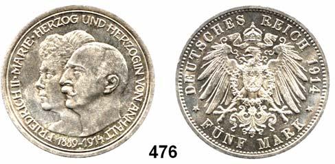 59 Anhalt, Herzogtum Friedrich II. 1904 1918 473 23 3 Mark 1909...Sehr schön - vorzüglich 70,- 474 23 3 Mark 1911...Prägefrisch 100,- 475 24 3 Mark 1914. Silberhochzeit.