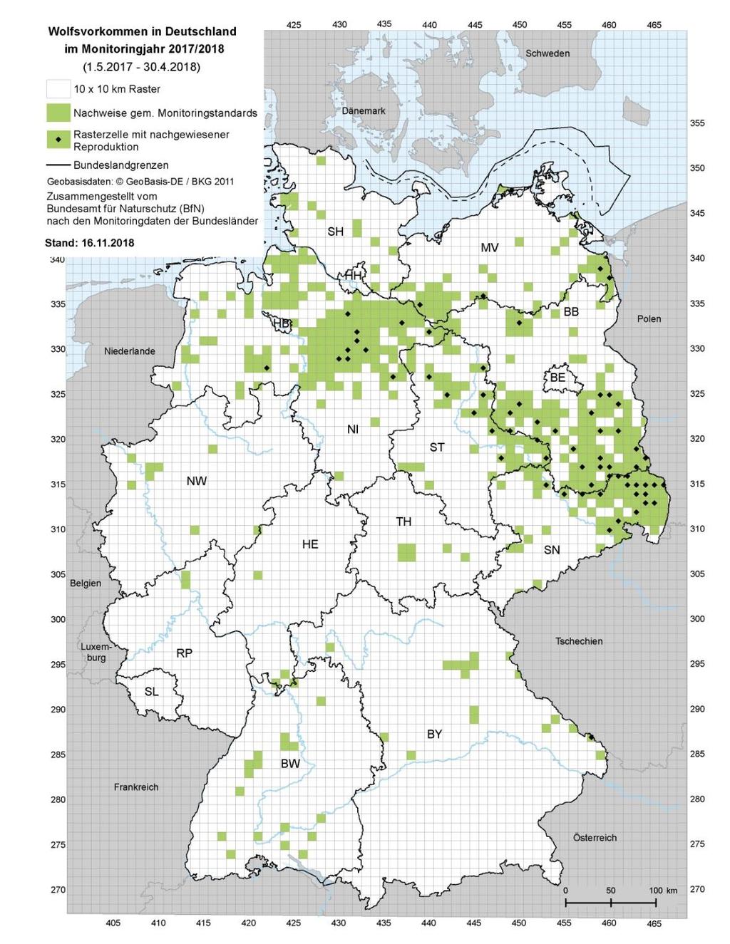 3.3 Vorkommensgebiet Abb. 5: Vorkommensgebiet von Wölfen in Deutschland im Monitoringjahr 2017/18.