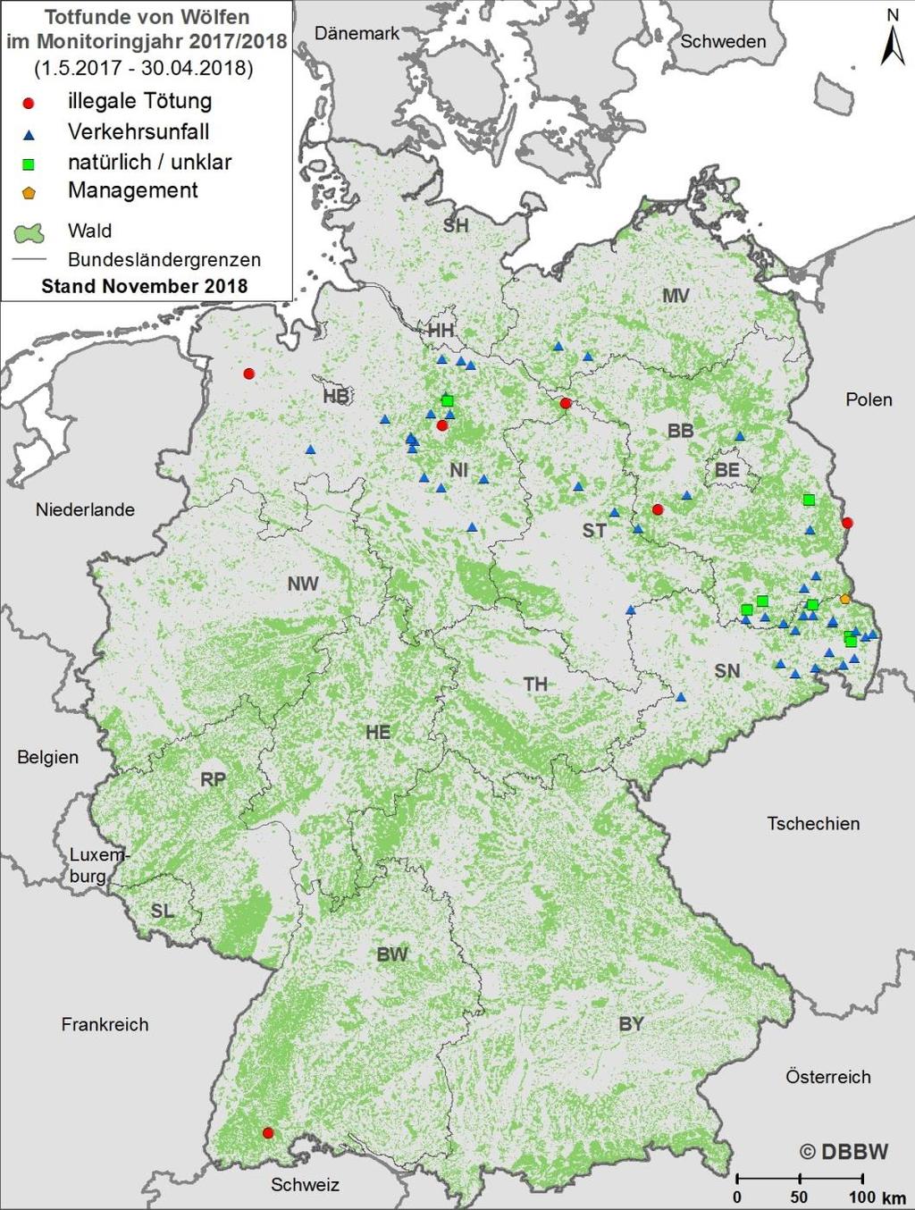 Abb. 8: Verteilung von tot aufgefundenen Wölfen in Deutschland im Monitoringjahr 2017/18.