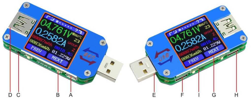 A B C D E F G H I Micro USB Port 4x Multifunktionsknopf Bluetooth Schalter USB A Port (Weiblich) USB A Port (Männlich) USB C Eingang (Nur VBUS, GND, CC1, CC2) 1,44 Farbdisplay USB