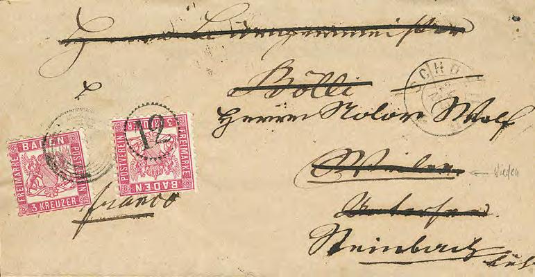 (retour nach Rastatt, vom 25.7.1865), Attest Stegmüller 18 6 500, 292P 3 Kr.