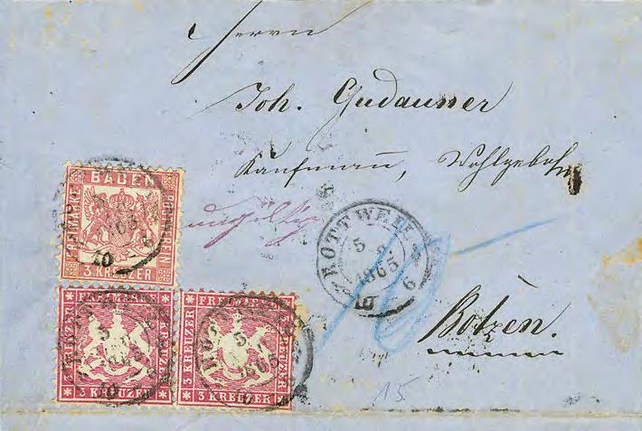 Ausgaben 1862 1868 111 298P 3 Kr. rosa nebst zweimal Württemberg 3 Kr. karmin auf blauer Briefhülle (rs.