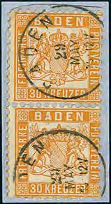 Prachtpaar unten zwei kürzere Zähne mit K1 BADEN auf kleinem Briefstück, sign.