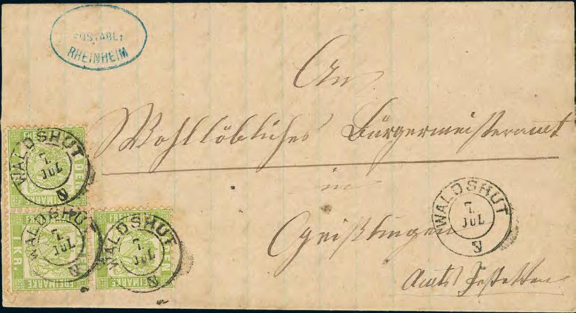 gelbgrün, Dreierblock mit K2 WALDSHUT auf Prachtbrief nach Geißlingen (Amt Jestetten), blauer Postablage-Nebenstempel RHEINHEIM 23 6 80, 347 1 Kr.