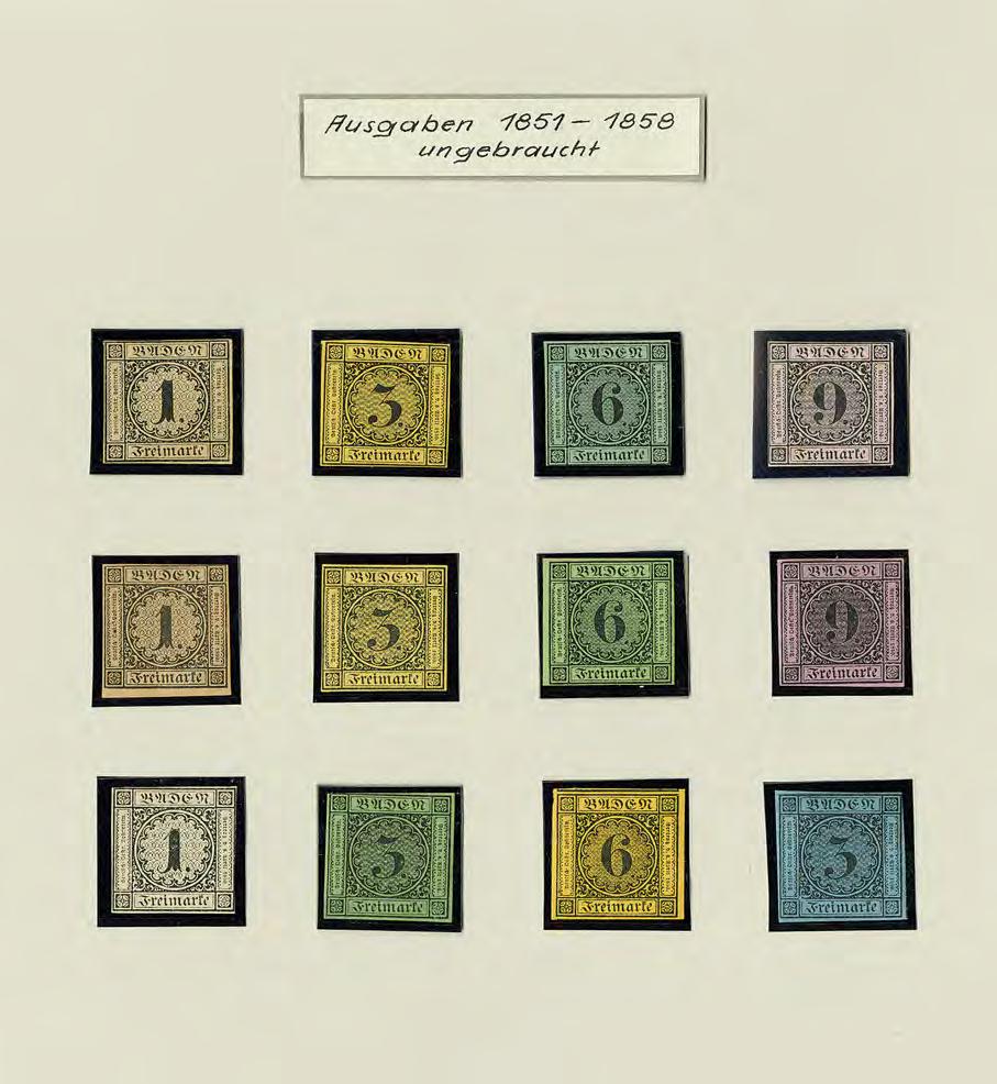 Ausgaben 1851 1858 11 2P 1 Kr. a. sämisch bis 3 Kr. blau, vollständige ungebrauchte Ausgaben (Mi.