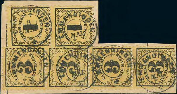 138 Landpost-Portomarken 370P 1 Kr. a. gelb, senkr. Paar nebst Viererstreifen 3 Kr. a. gelb mit K2 EMMENDINGEN auf dek.