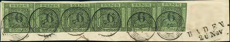 42 Ausgaben 1851 1858 96 97 96P 97P 6 Kr. a. gelbgrün, oben 9 mm Bogenrand, voll- bis sehr breitrandiges senkr.