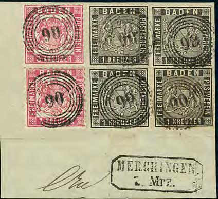 72 Ausgaben 1860 1862 188 188P 1 Kr. schwarz, zart gestempelter senkrechter Dreierstreifen (untere Marke min.