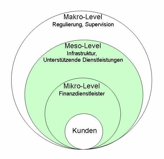 Meso-Ebene Auf der Meso-Ebene befinden sich alle diejenigen Dienstleistungsbetriebe und Institutionen, welche die Aktivitäten der MFIs unterstützen und ermöglichen.