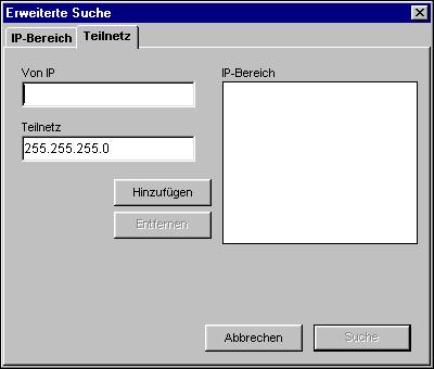 Suche und klicken Sie auf Erweitert, wenn Sie einen Fiery PRO 80 /S450 Color Server in einem bestimmten IP-Adressbereich oder anhand einer IP-Adresse und einer Teilnetzmaske suchen wollen.