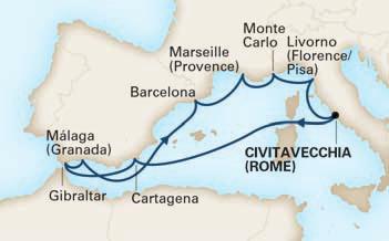 699 Civitavecchia (Rom), Cartagena, Gibraltar, Málaga, Barcelona, Marseille (Provence), Monte Carlo, Livorno (Florenz/Pisa), Civitavecchia (Rom) TERMINE 2019: 10.05. (K931), 21.08.