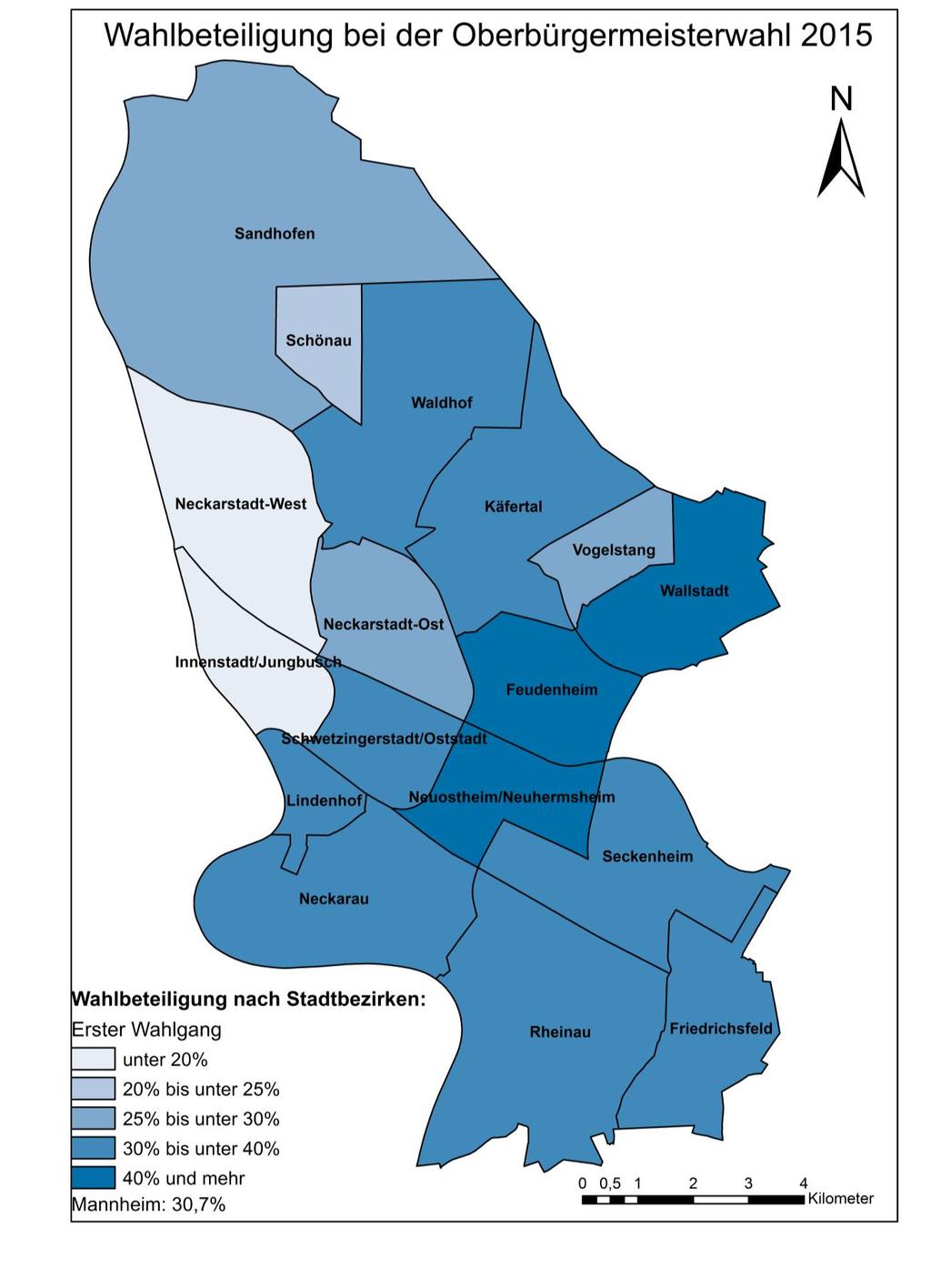 Ergebnisse der Wahlbeteiligungsstatistik Abbildung 3: Wahlbeteiligung in den 17 Stadtbezirken