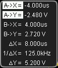 Chapter 6 MATH and Measurements Track Mode In this mode, you can adjust the two cursors (cursor A and cursor B) to measure the X and Y values on two different sources respectively.