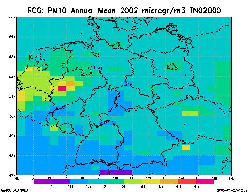 UBA F&E Vorhaben FKZ 204 42 202/03 17 Abbildung 8: Berechnete PM10-Jahresmittelwerte 2002 in μg/m 3.