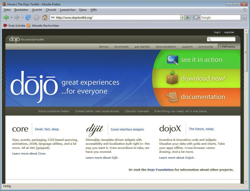 Dojo Abbildung 6.4: Die Dojo-Website Dojo besteht aus verschiedenen Teilen: Dazu gehören einfache clientseitige Komponenten z. B. für Register. Diese heißen wie erwähnt Dijit.