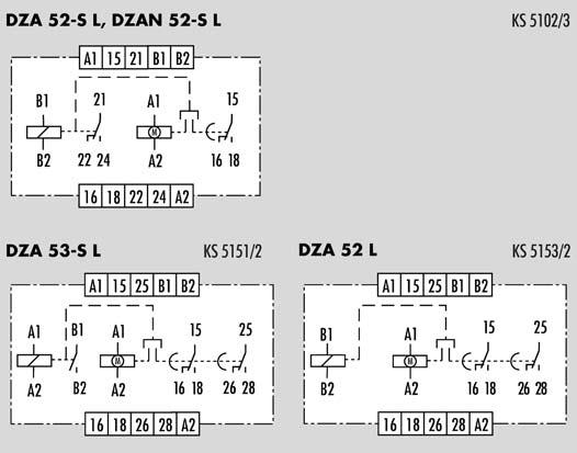 Ansprechverzögerung DZA 52-S L / DZA 53-S L / DZAN 52-S L / DZA 52 L Ansprechverzögerte Mehrbereich-Zeitrelais, elektromechanisch Geräte für Monospannung Funktion: Ansprechverzögerung (AV),