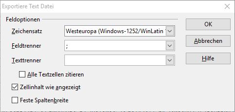 Es erscheint ein weiterer Dialog, in dem Sie alle Einstellungen wie unten vornehmen müssen: D.h. stellen Sie den Zeichensatz auf Westeuropa (Windows 1252), den Feldtrenner auf das Semikolon/Strichpunkt ( ; ).