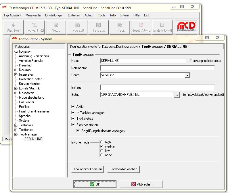 Abbildung 8: Ansicht Toolmanager - Konfiguration im MCD TestManager CE Beim nächsten Start des TestManagers wird nun automatisch der