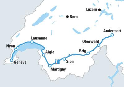 Goms ist die Landschaft alpin und die Route verläuft mehrheitlich abwärts mit einigen Gegensteigungen. Ab Brig weitet sich das Rhonetal.