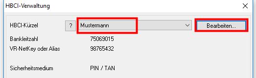 Auswählen des HBCI-Kürzel Wählen Sie das HBCI-Kürzel der