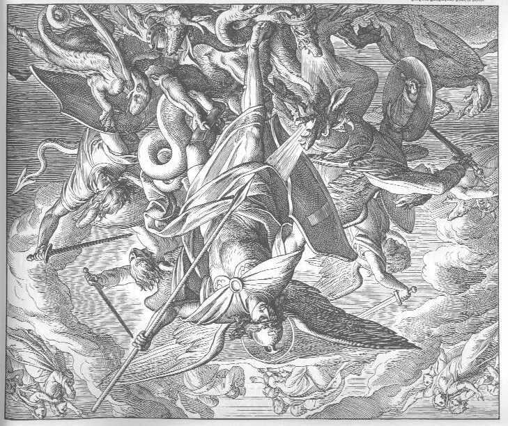 Der Sieg Michaels über den Drachen Und es war ausgeworfen der große Drache, die alte Schlange, die Teufel und Satan heißt, der