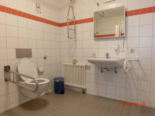 Tür zum Sanitärraum WC-Tür Anmerkungen für den Gast: Der hängende Haltegriff an der Decke lässt sich an WC und Dusche