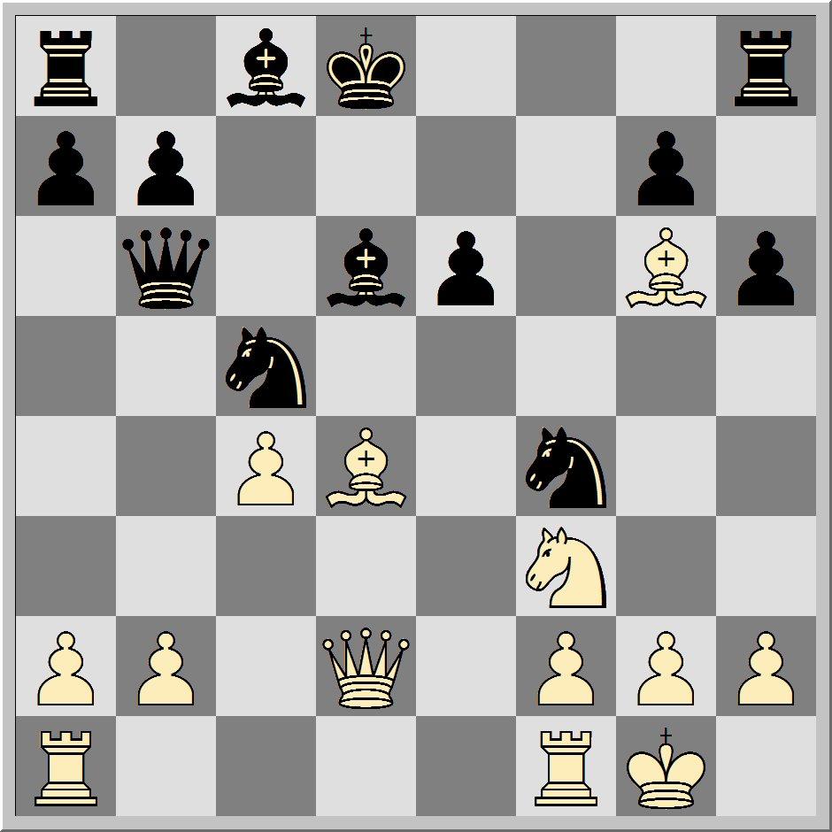 ..h6 Auch das lädt Weiß zu einem Opfer auf e6 ein, was Kasparov in der letzten Matchpartie gegen Deep Blue erfahren musste, als er nach 19 Zügen einging! 8.Sxe6 ±] 8.S1f3 h6? Stellung nach 8...h6 (s.
