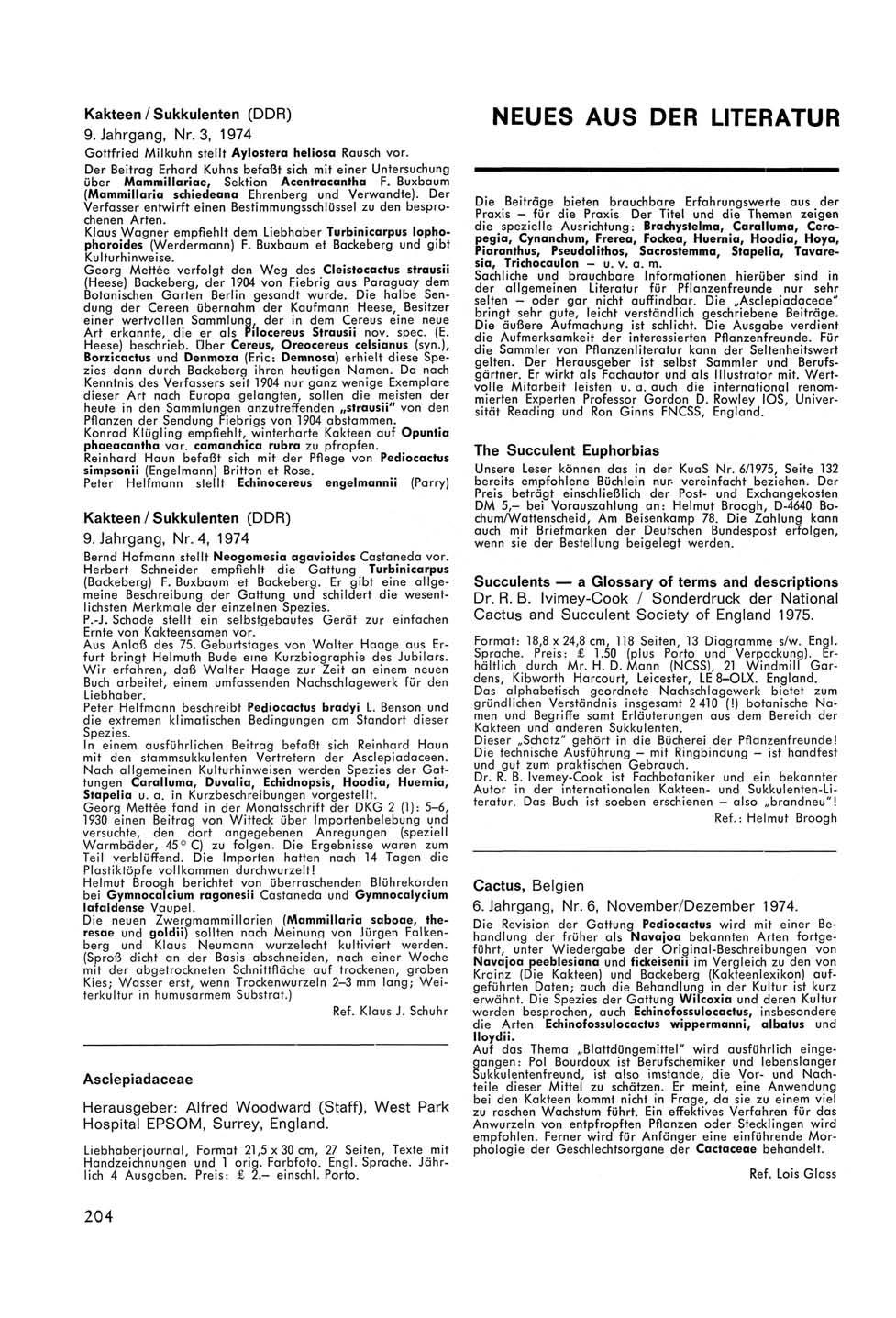 Kakteen/Sukkulenten (DDR) 9. Jahrgang, Nr. 3, 1974 Gottfried Milkuhn stellt Aylostera heliosa Rausch vor.