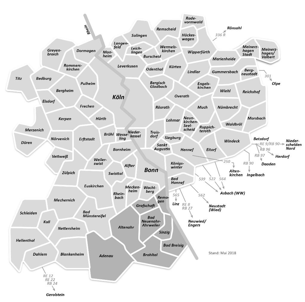 Anlage 3 Anlage 3 Erweitertes VRS-Netz In den durchgefärbt dargestellten Städten und Gemeinden gilt der VRS-Gemeinschaftstarif in allen Bussen, U-, Straßen- und Stadtbahnen und im
