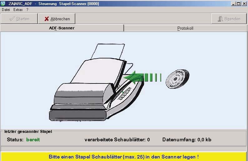 Menü Extras / Sannerfunktion Abschnitt: 40/50 Dabei sollte sich eine leichte Fächerung des Schaublatt-Stapels an der oberen Kante ergeben.