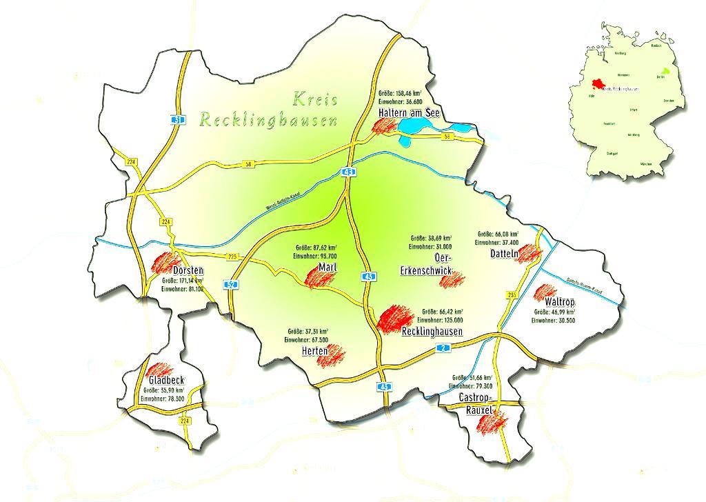 Daten zum Kreis Recklinghausen Dez.II/Juni09 2 10 Städte zwischen 30.000 und 120.000 Einwohnern Einwohner: rd. 640.000 Empfänger SGB II: rd. 72.