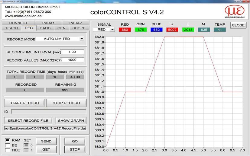 4.8 Registerkarte REC Die colorcontrol S Software beinhaltet einen Datenrekorder, welcher es erlaubt, die vom Sensor erfassten und berechneten Daten zu speichern.
