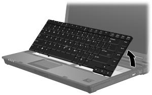 10. Heben Sie die obere Kante der Tastatur vorsichtig an, und kippen Sie die Tastatur vorsichtig, bis sie auf der Handauflage des Computers aufliegt. 11. Entfernen Sie das Speichermodul: a.