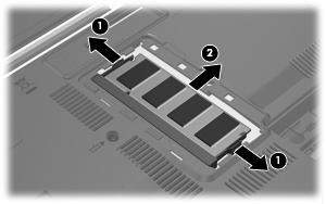 b. Fassen Sie das Speichermodul am Rand (2), und ziehen Sie es vorsichtig aus dem Speichersteckplatz. Bewahren Sie Speichermodule in einem elektrostatikgeschützten Behältnis auf. 10.
