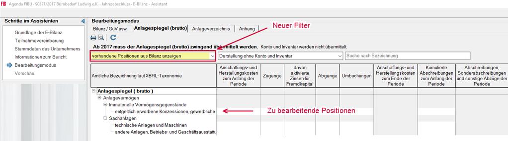 Seite 20 Der Assistent E-Bilanz wechselt automatisch in das Register»Anlagespiegel (brutto)«. Ein neuer Filter wird vorbelegt.