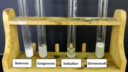 3 Schülerversuche 14 Beobachtung: Im ersten Reagenzglas mit der Essigessenz ist eine starke Gasentwicklung zu beobachten und die Lösung entfärbt sich leicht.