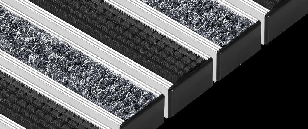 RAUHAAR-RIPS / GUMMI Aluminium-Profilmatten mit kombinierten Belägen Kombination aus Rauhaar-Rips und Gummi wirkt Verunreinigungen entgegen Ermöglicht Feuchtigkeits- sowie Schmutzabnahme von