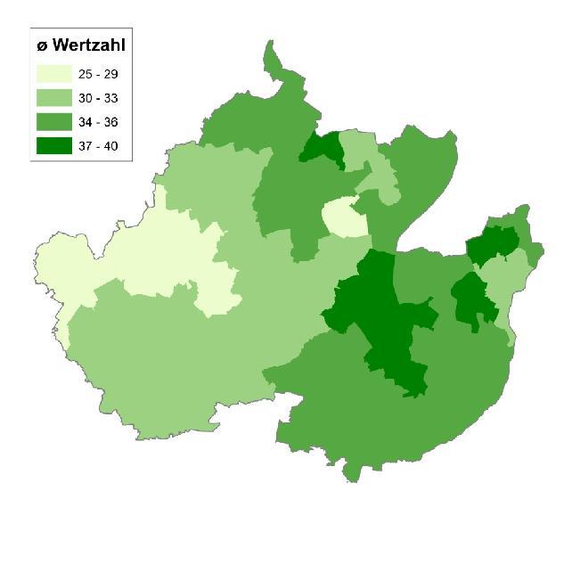 Übersicht über die durchschnittlichen Ackerzahlen im Landkreis Uckermark (nach Gemeinden)