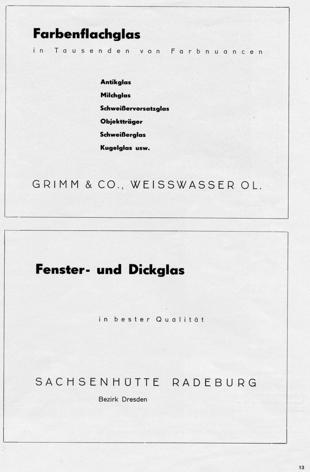 Abb. 2008-3-07/012 MB VVB Kamenz 1949, Seite 13, Farbenflachglas Grimm & Co., Weißwasser OL.