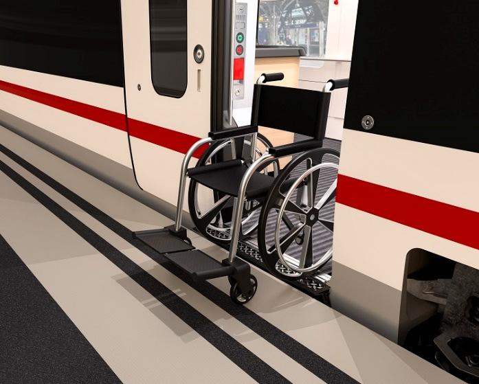 Neue Maßstäbe bei Barrierefreiheit Der Zug ist stufenlos, das heißt der Einstieg befindet sich auf Bahnsteighöhe. Rollstuhlfahrern ist es so möglich, selbständig ein- und auszusteigen.