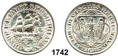 ..vz 150,- 1742 325 3 Reichsmark 1927 A... vz-prfr 160,- 100 Jahre Bremerhaven 1743 326 5 Reichsmark 1927 A... f.vz 480,- 1744 326 5 Reichsmark 1927 A.