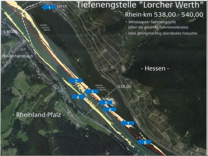 Seite 8 von 26 Bereich Lorcher Werth Hinweise anhand der Tiefenengstellen Abbildung 3: Tiefenengstelle Lorcher Werth 1) Im rechtsrheinisch verlaufenden Bereich der Fährstrecke bestehen signifikante