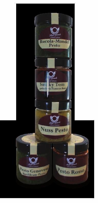 Pesto & Saucen Pesto Genovese Rosso Haselnuss-Walnuss Kürbiskern-Chili Bärlauch (saisonal) 1 2 3 4 5 6 Smoky Tom (aus