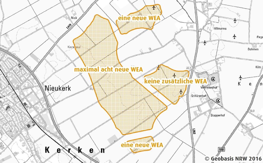 Innerhalb der Teilflächen des Potenzialgebiets Nieukerk-Eyell würden insgesamt nicht mehr als zehn WEA errichtet werden (vgl. Abbildung 2).