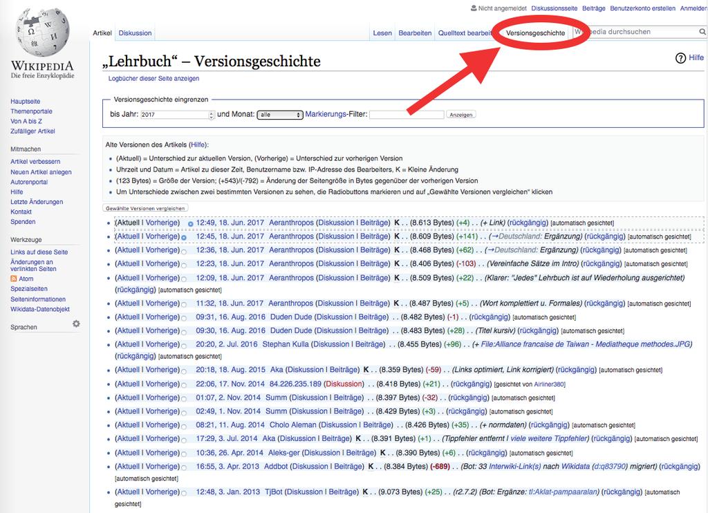 Der Eintrag zu Lehrbuch in der Wikipedia wurde mehr als hundertmal verändert.